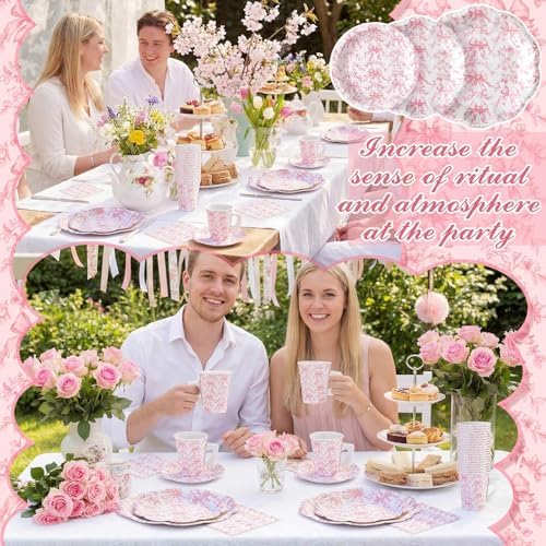 Pickmesh 252 Pcs Pink Bow Floral Tea Party Supplies for 36 Guests Flower Paper Disposable Dinnerware Flower Teacup with Handle and Saucers Set for Tea Party Decorations Birthday Baby Shower Wedding - Image 6