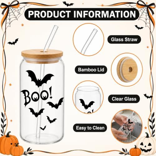 Halloween Glass Cups with Lids and Straws, 6 Pack, 16oz, Black - Image 3