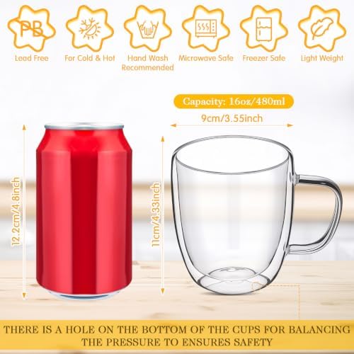Patelai Glass Coffee Mugs Set of 6, 16 oz Clear Double Walled Coffee Cups Glasses Insulated Latte Mugs with Handle Espresso Clear Cups for Hot and Cold Beverages - Image 2