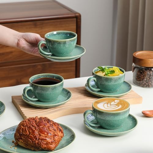 Henten Home Ceramic Latte Cups with Saucers, Coffee Cup Set of 4 - Image 3