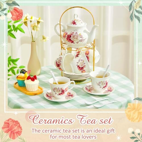 Zhehao 20 Pcs Porcelain Tea Set for Adult, with Metal Holder, Grace - Image 3