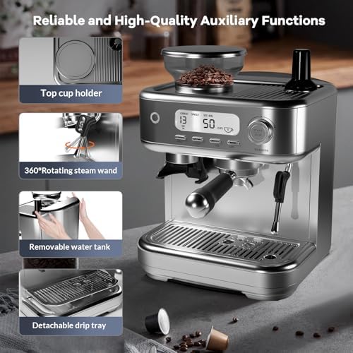 GarveeLife Espresso Machine with Grinder, Professional Coffee and Espresso Maker Combo, Stainless Steel Cafe Espresso Machine with Steam Wand Barista Kit for Cappuccino Latte - Image 4