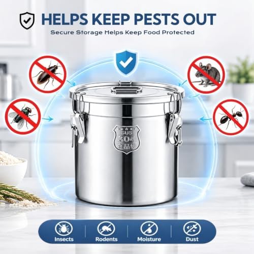 33L 304 Stainless Steel Food Storage Containers with Lids, Airtight Kitchen Canister with Lock Clips for Rice, Flour, Sugar & Coffee Bean,Size 13.78" x 13.78" - Image 3