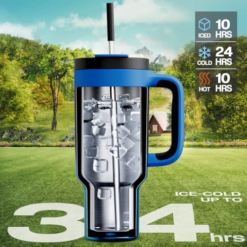POWCAN 40 oz Tumbler with Handle, 2-in-1 Straw and Sip Lid, Leakproof, Dishwasher Safe, Insulated Stainless Steel Travel Coffee Mug, Keeps Cold for 34 Hours, Fits in Car Cup Holder (Mariner) - Image 2