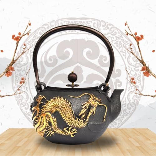 Golden Cast Iron Teapot Without Coating Japanese Style Tetsubin Tea Kettle with Infuser Iron Tea Gift for Adult Father Mother Family,Coiled Dragon,1.2L - Image 2