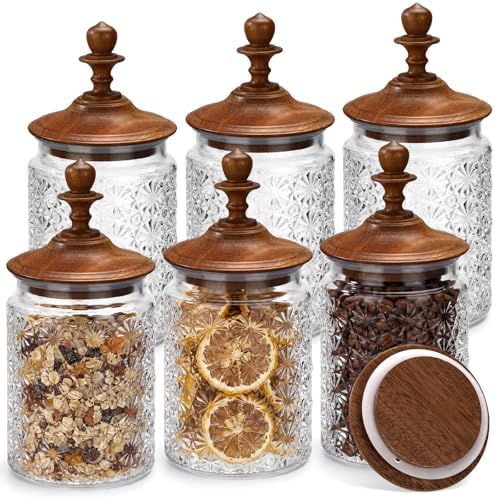 Suclain 6 Pack 24 oz Glass Spice Jars with Dark Wood Lids Vintage Canisters with Star Pattern Airtight Food Storage Container for Home Kitchen Tea Coffee Spice Pantry Organization Decorations by Suclain
