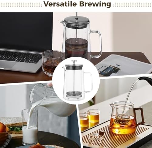 Double Wall Coffee Press, 33.8 Oz French Press Tea Maker, Borosilicate Glass, Fine Mesh Filter, Ergonomic Handle For Hot & Cold Beverages - Image 5