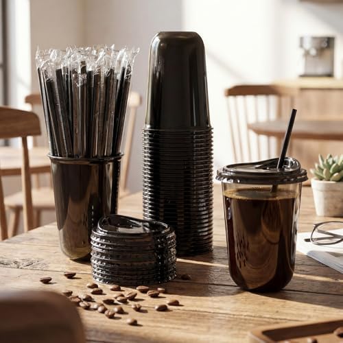 Ziliny 50 Pack 16 Oz Black Plastic Cups with Lids and Straws, Iced Coffee - Image 2