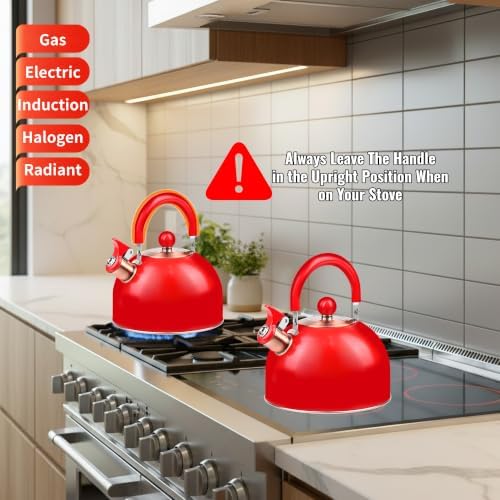 V&L 2.6 Qt Red Whistling Tea Kettle for Stovetop - Image 6