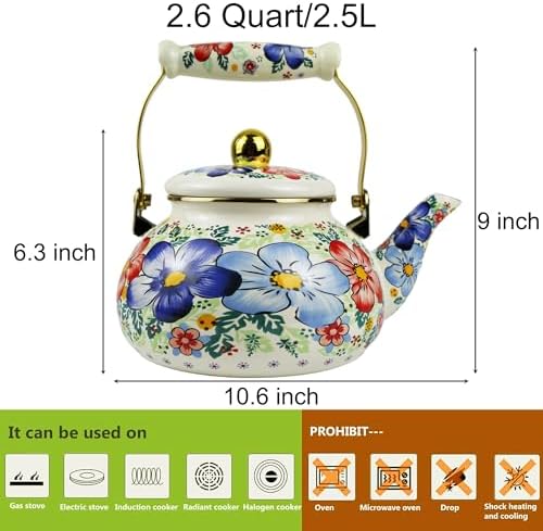 Floral Enamel Tea Kettle 2.5L Vintage Stovetop Teapot for Hot Water Tea - Image 4