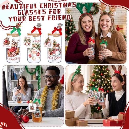 Vesici 6 Set Christmas Glasses Cups 16 oz Xmas Drink Cup with Lid Straw and Stopper Can Shaped Beer Tumbler Xmas Appreciation Gifts with Cards and Bow for Women Birthday Party Favor(Elegant Christmas) - Image 4