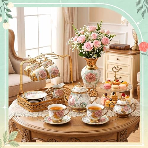 22 Pcs Vintage Porcelain Tea Sets for 6, White Peony Floral - Image 3