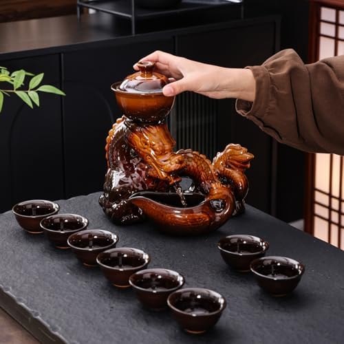 Chinese Gongfu Tea Set Ceramic Teapot with Infuser, 8 Cups, Semi Automatic Dragon Design for Loose Leaf Tea - Image 6
