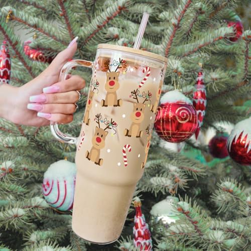 Sip-Sip Hooray! Christmas Reindeer Candy Cane 40oz Glass Tumbler with Lid and Straw, Iced Coffee Cup Holiday Gift - Image 2
