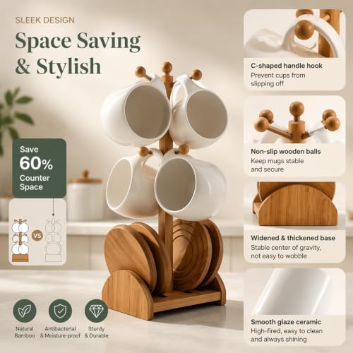 Espresso Cups Set of 4, 8.45 oz Ceramic Coffee Cups with Saucers & Wooden Stand, Microwave & Dishwasher Safe Cappuccino Tea Cups, Coffee Accessories for Espresso Machine - Image 3
