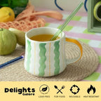 Striped Ceramic Coffee Mug Set of 2 (16oz) - Handmade Look Tea Cups with Yellow/Green Handles, Microwave Safe, Durable Daily Drinkware - Image 2