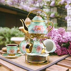20 Pcs Porcelain Tea Set with Metal Holder and Spoon, European Ceramic Tea Set for Adults, European Flower Painting Teapot Cup Saucer Spoon Set for 6, Gift Pack - Image 5