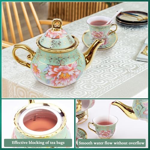 20 Pcs Porcelain Tea Set with Metal Holder, Adult Tea Set Gift, European Ceramic Tea Set for Adults, Enamel Flower Tea Cup Saucer Set for Party With Gold Flower Painting (Fresh Green) - Image 4