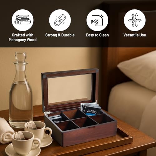 Bey-Berk Custom Engraved Mahogany Tea Storage Chest with Glass Lid – 6-Compartment Box for Tea Bags & Accessories - Image 3