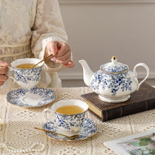 European Ceramic tea set for one or two,Porcelain Gift Tea Set For Women and Tea Party. (Blue, 1 teapot and 2 tea cup sets) - Image 3