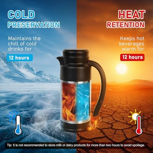 Creamer Pitcher for Coffee,1L/34 Oz Thermal Coffee Carafe,Stainless Steel Coffee Carafes for Keeping Hot and Cold,Double-Wall Design,12-Hour Hot & Cold,Leak-Proof, Portable for Travel,Camping,Office - Image 3