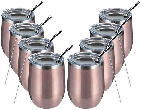 MEWAY 12oz/8 Pack Wine Tumbler Glasses with Lid - Stemless Double Wall Vacuum Stainless Steel Travel Tumbler - Keeping Cold & Hot for Wine,Coffee,Cocktails,Drinks (Rose gold,Set of 8) by MEWAY