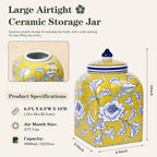 Ceramic Tea Canister with Airtight Lid, 10" H Kitchen Decor Jar for Loose Leaf Tea & Coffee Bean Storage, Hand-painted Chinoiserie Ginger Jars for Home Decor, 121 fl oz - Yellow Peony - Image 2