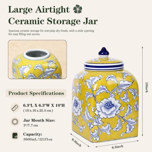 Ceramic Tea Canister with Airtight Lid, 10" H Kitchen Decor Jar for Loose Leaf Tea & Coffee Bean Storage, Hand-painted Chinoiserie Ginger Jars for Home Decor, 121 fl oz - Yellow Peony - Image 2