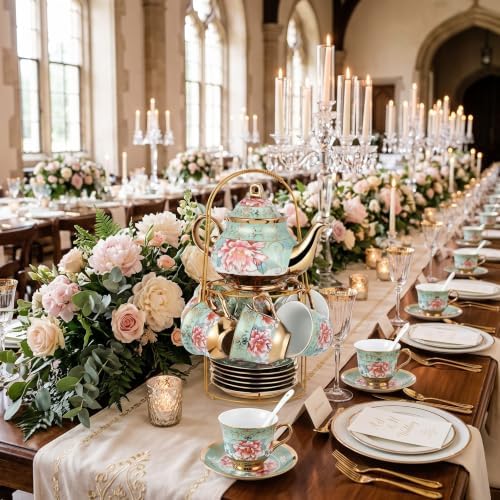 Zhehao 20 Pcs Porcelain Tea Set for Adult, with Metal Holder, Fresh - Image 4