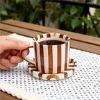 2-Pack Ceramic Coffee Mug and Saucer Set, 8 oz Hand-Painted Green Stripe Porcelain Espresso Cups for Latte, Tea, Cappuccino (Brown) - Image 2
