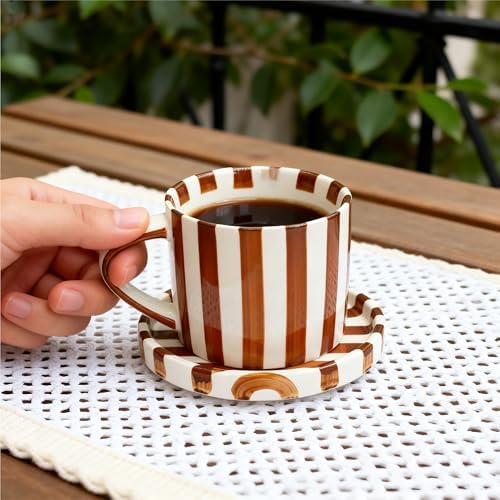 2-Pack Ceramic Coffee Mug and Saucer Set, 8 oz Hand-Painted Green Stripe Porcelain Espresso Cups for Latte, Tea, Cappuccino (Brown) - Image 2