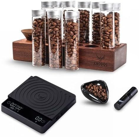 Espresso Accessories Set – 10 Single Dose Bean Storage Tubes with Stand & Funnel, Ceramic Dosing Cup with RDT Spray, Smart Digital Espresso Scale with Timer by KNODOS