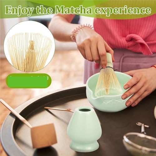 Ceramic matcha agitator, Matcha Whisk and Bowl Tea Set 5Pcs Ceremony Chasen Tool Stand for Beginners Kit(Green) - Image 7