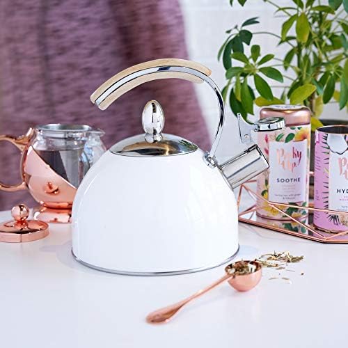 Pinky Up Presley Tea Kettle, Stovetop Stainless Steel Kettle, Whistling, Tea Accessory Gifts, Fast Boil Water Kettle, Wooden Handle, 70 Oz, White - Image 2