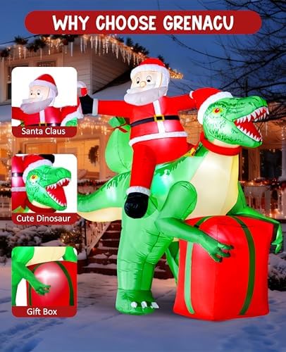 9x7.38ft Christmas Inflatables Santa Riding Dinosaur with Built-in LED,Dinosaur Inflatable Christmas Blow Up Yard Decorations with Water Bags Stakes Strings Gift Bag for Garden Yard Party Lawn - Image 5