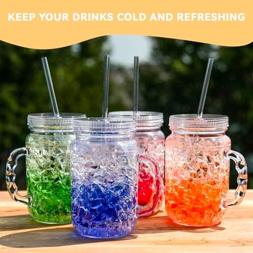 Lily's Home Old Fashioned Glasses with Lids Straws and Handles, 16 oz Set of 4 – Clear Acrylic Tumbler Cups with Color Accents, Reusable Party Drinkware for BBQ, Poolside, Outdoor Events & Home Bar - Image 3
