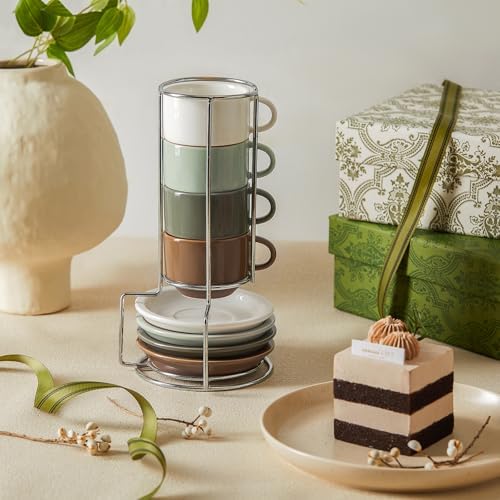 Sweese 2.5 Ounce Espresso Cups Set of 4, Porcelain Stackable Coffee Cups with Saucers and Metal Stand, Earthy Spectrum - Image 6