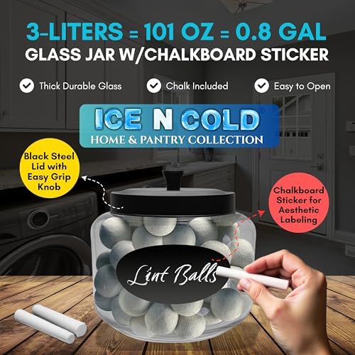 ICE N COLD Kitchen and Laundry Storage Glass Jar – Wide Mouth Round Glass Storage Container with Black Steel Lid and Chalkboard Label - 2 Sticks of Chalk Included (6, 3L | 101oz | 0.8 Gallon) - Image 6