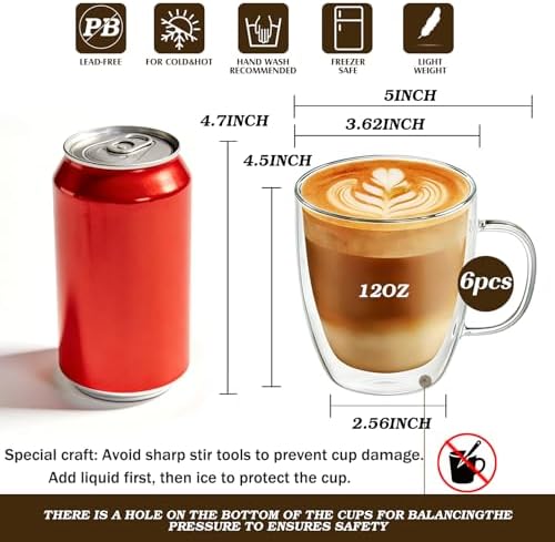 Etolies 6 Pack Double Walled Glass Coffee Mugs with Handle,12oz Borosilicate Glass coffee Cups - Insulated Clear Mugs for Espresso, Cappuccino, Latte, Tea Beverages, Drinking Glasses - Image 2