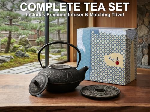 85 Oz XXL Black Bamboo Cast Iron Teapot, Enamel Interior, Infuser & Trivet - Image 3