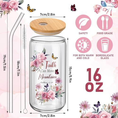 Teenyyou 12 Set of Christian Gifts for Women Bible Verse Glasses Tumbler with Bamboo Lid and Glass Straw 16oz Inspirational Religious Coffee Cup for Back to School Teacher Appreciation Gifts - Image 2