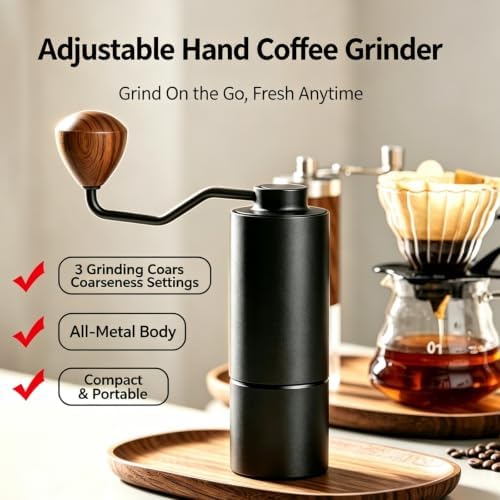 Hand Coffee Grinder, Portable Manual Coffee Mill with Adjustable Coarseness, Stainless Steel Burr Grinder for Travel Camping Home, All-Metal Body with Wooden Handle - Image 2