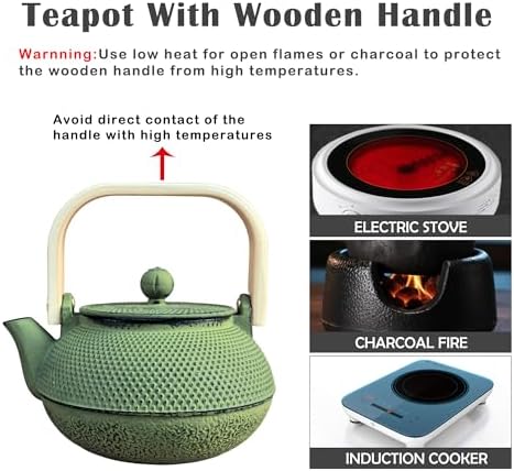 900ml Small Cast Iron Teapot with Wooden Handle, 30.4oz Green Tea Pot with Enamel Interior & Strainer, Durable Tea Kettle for Loose Leaf Tea, Suitable for Electric Stove & Induction Cooker - Image 5