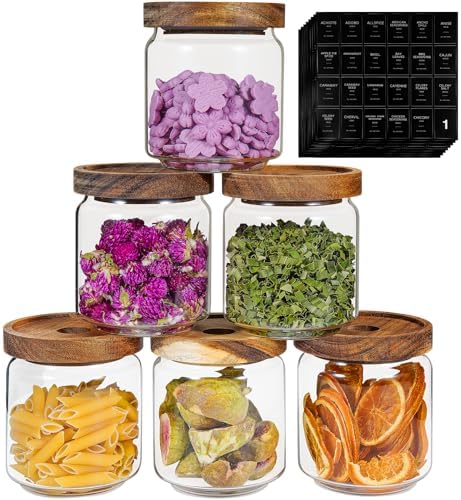 Small Glass Jars with Labels Spice Jar Round Storage Canister with Wooden Lid Clear Glass Food Jar for Pantry Sugar Tea Coffee Bean Spice Nuts Cookies Bath Salts (6 * 420ml(14oz)) by Patoper