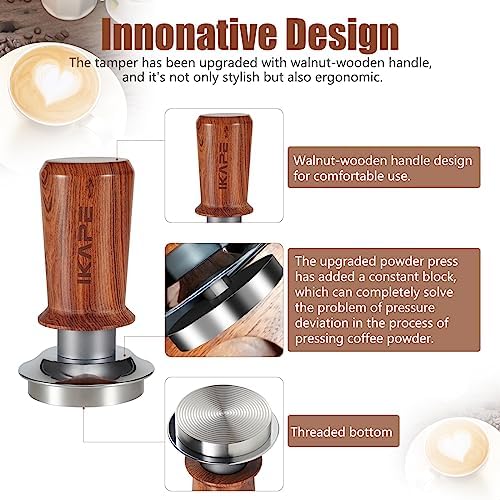 IKAPE 51mm Espresso Coffee Tamper, Spring-loaded Calibrated Tamper with Premium Stainless Steel, Walnut Wooden-Handle Tamper Compatible with All 51mm Espresso Machine Bottomless Portafilter - Image 2