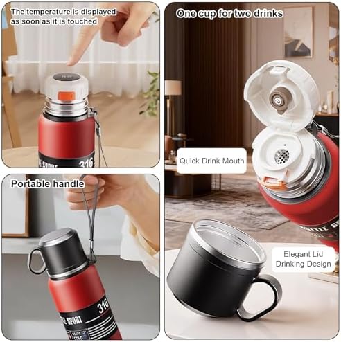 Double wall vacuum Leakproof stainless steel wide mouth insulated water bottle;tea tumbler with infuser,cup,lid;smart thermoses hot coffee;thermal flask ice drinks with led digital temperature display - Image 4