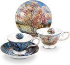 Floral Tea Cups Saucers Set of 2, Bone China 7 oz British Teacups Porcelain Coffee Cup for Rose Tea Cappuccino Espresso Latte (Apricot & Peach Blossom) by AOTELIDA