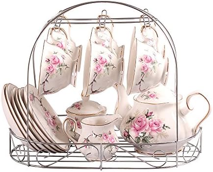 15 Piece European China Coffee Cup Set, Ceramic Porcelain Tea Cup Set with Metal Holder, Tea Gift Sets, Pink Camellia Painting … by ufengke