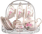 15 Piece European China Coffee Cup Set, Ceramic Porcelain Tea Cup Set with Metal Holder, Tea Gift Sets, Pink Camellia Painting … by ufengke