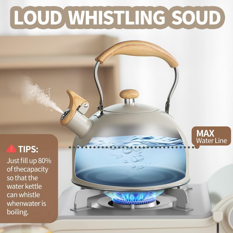 Stove Top Kettle, 2.5 Quart Whistling Kettle for Gas Hob with Wood Pattern Handle Loud Whistle Food Grade Stainless Steel, Anti-Hot Handle and Anti-Rust, Suitable for All Heat Sources - Image 3